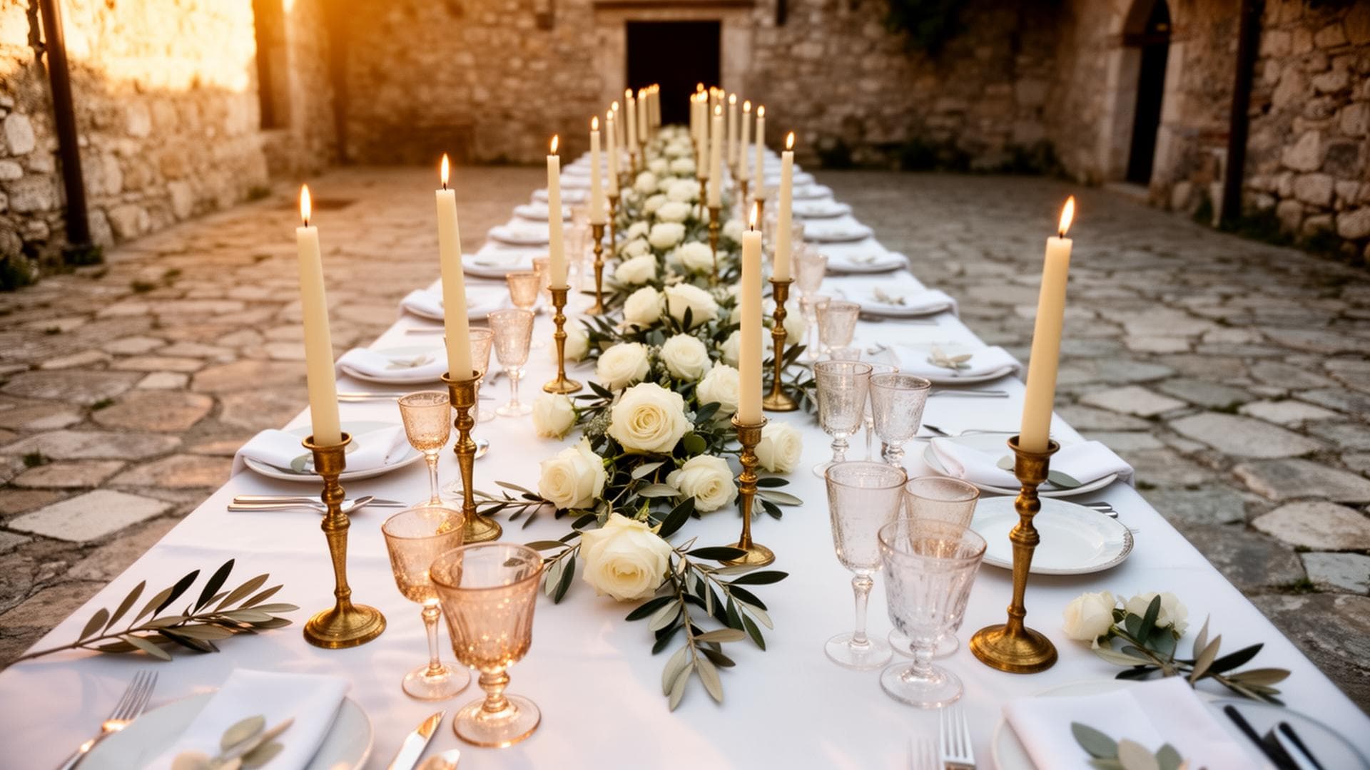 A wedding table with candles and white roses in a stone courtyard